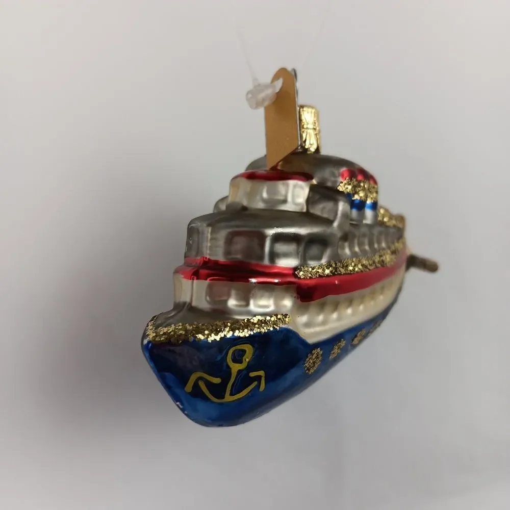 Discovery Channel Blown Glass Ornament Ship Yacht Glitter Christmas Tree Holiday